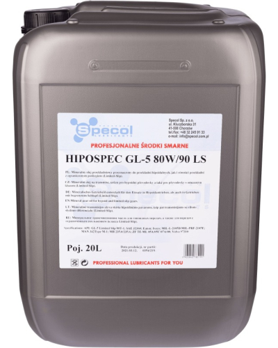 SPECOL OLEJ 80W90 20L GL5 LS HIPOSPEC/ PRZEKŁADNIOWY