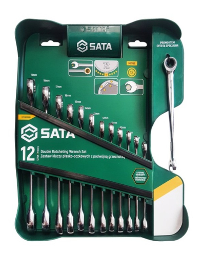 SATA ZESTAW KLUCZY PŁASKO-OCZKOWYCH Z PODWÓJNĄ GRZECHOTKĄ, 12 EL. + KLUCZ X-BEAM 10MM Z GRZECHOTKĄ