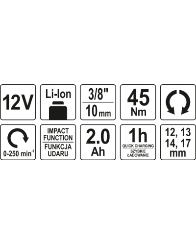 YATO GRZECHOTKA UDAROWA 3/8"-1/2" 45 NM 12V (2,0AH, 1H)